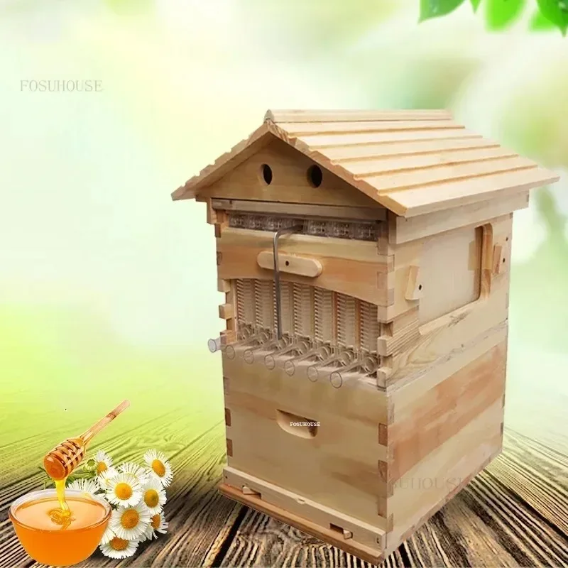 Wooden beehive with roof Automatic flow Bee box Automatic flow Honey nest Spleen Beekeeper Honey collection tool