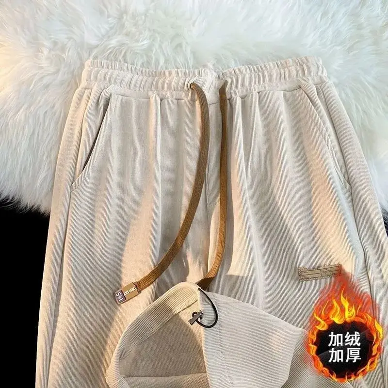 Autumn Winter Corduroy Sports Pants Men American Fashion Plus Velvet Thickened Straight Loose Drawstring Ties Casual Pants
