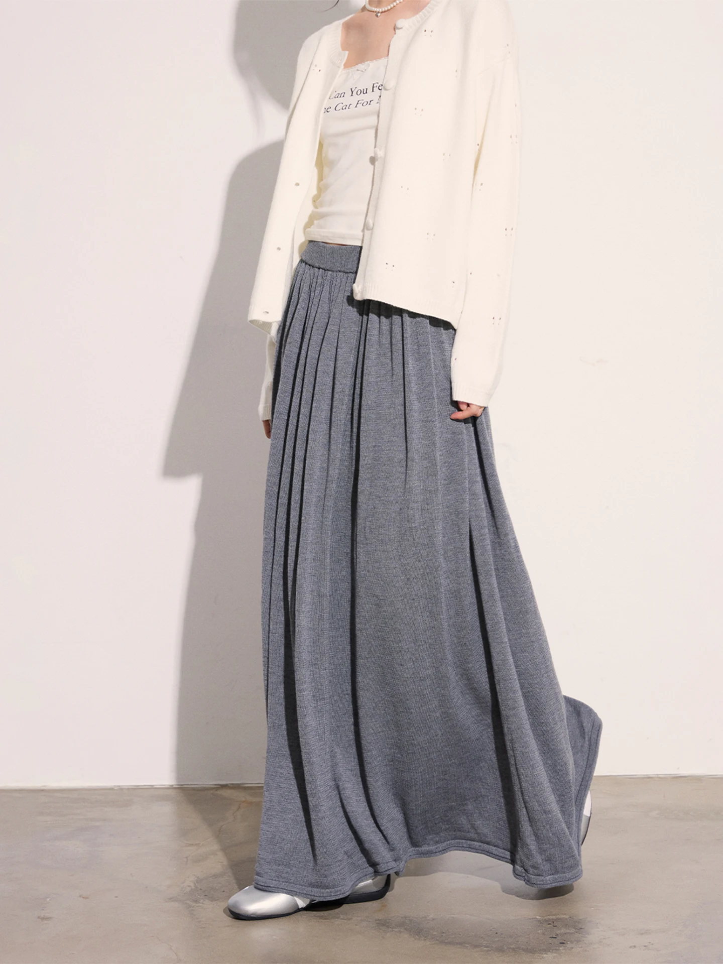 

Gray Knitted Midi Skirt Lazy Style Women's Long Skirt Autumn Season Iceland Morning Wind Cream Kitten Casual Low Waist Umbrel...