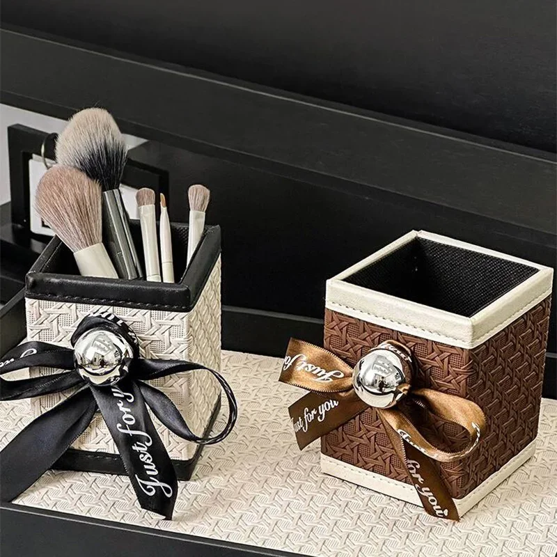 Vintage Storage Box Square PU Leather Remote Control Holder Desktop Organizer Makeup Brush Bucket Pen Holder Living Room Decor