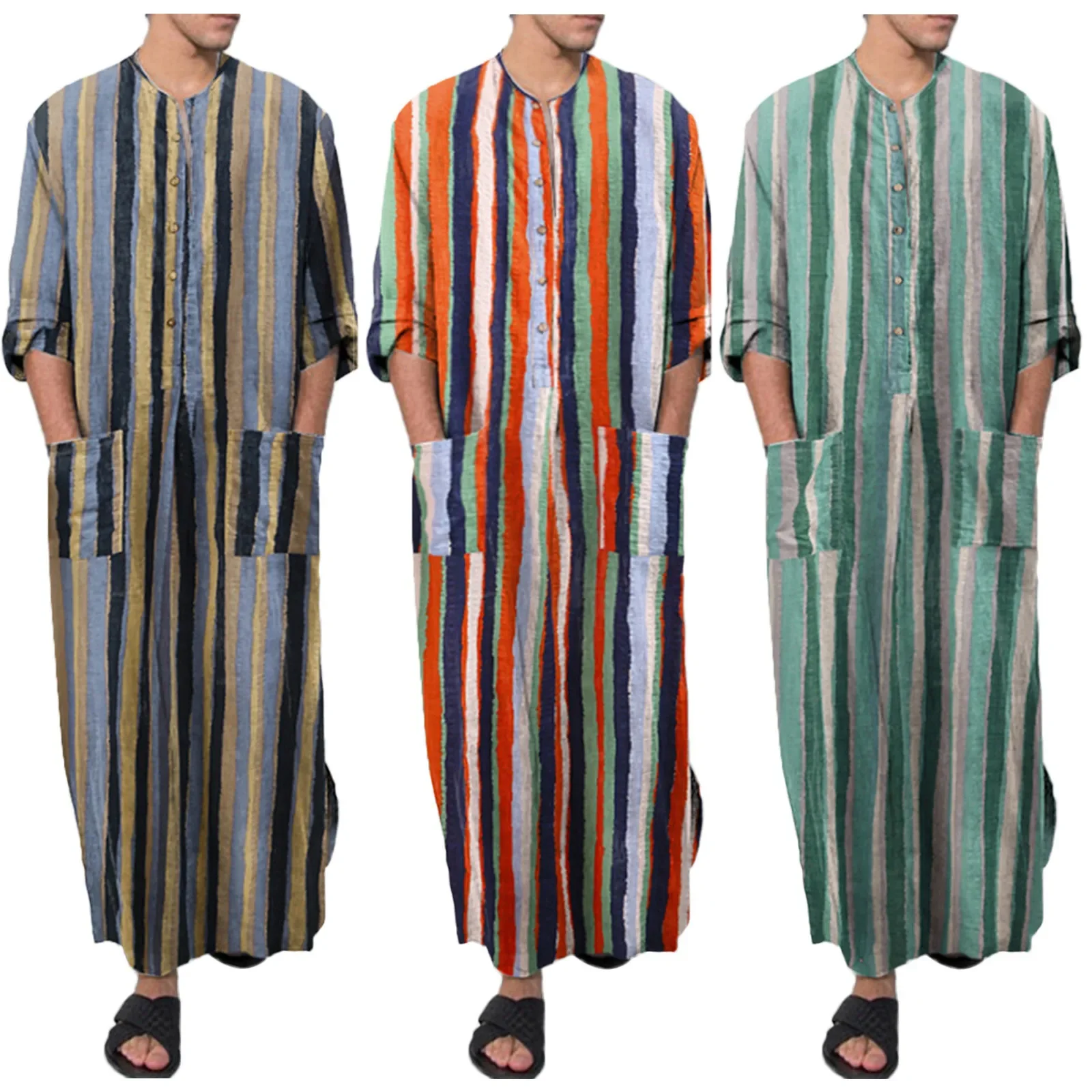 

Men Ethnic Robe Vintage Striped Long Sleeve Muslim Kaftan Robe O Neck Buttons Islam Thobe Pockets Dubai Arabic Muslim Clothing