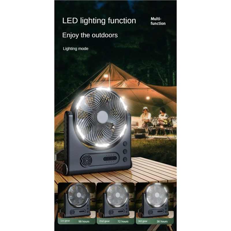 AB15-مروحة التخييم مع إضاءة LED قابلة للشحن سطح المكتب المحمولة المروج مروحة خارجية هز رئيس مروحة كهربائية 15000Mah