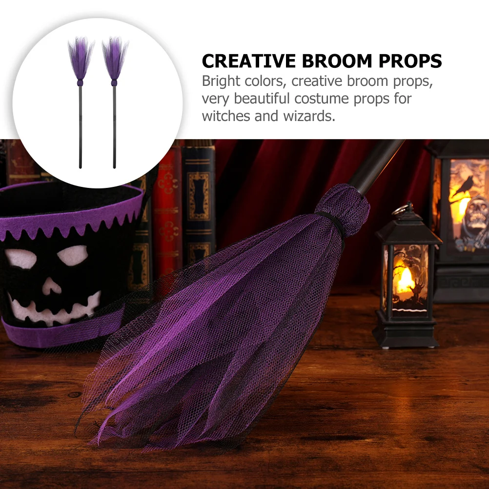2pcs Witch Broom Prop Lightweight Portable Halloween Decoration For Kids Women Men Costume Party Decor Broomstick