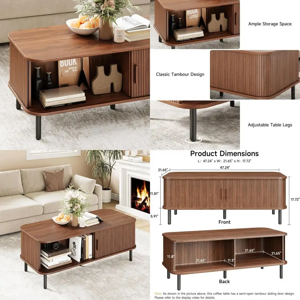 

47.2 Walnut Coffee Table with Storage, Sliding Door and Adjustable Legs for Living Room, Office or Bedroom