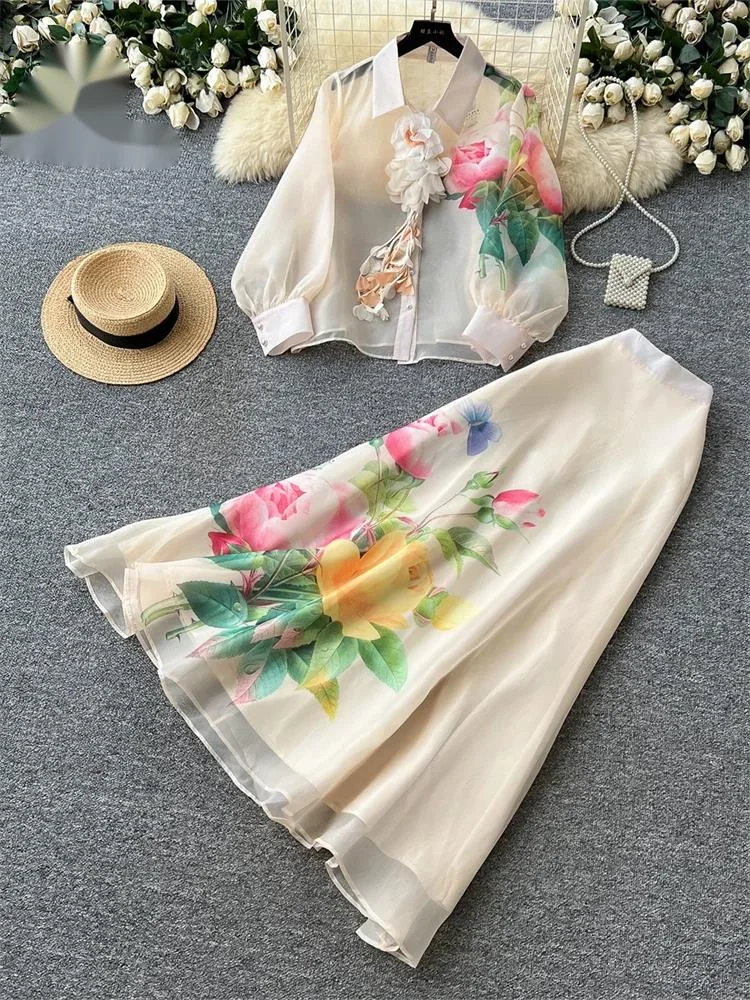 Chiffon Floral Vacation Sets Ladies French 3D Floral Sheer Shirt+A-line Skirt Spring Autumn Senior Romantic 2Pcs Sets