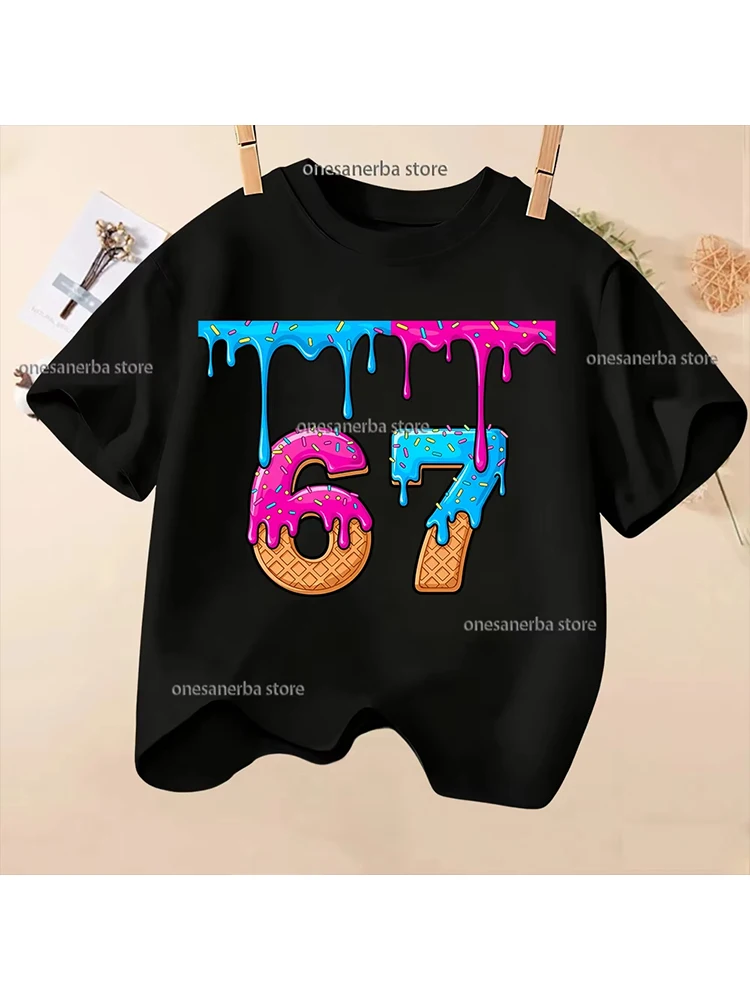 Kids Black 67 Ice Cream Donut Graphic T-Shirt, Soft Cotton, Cute Tee for Boys & Girlsdf0163