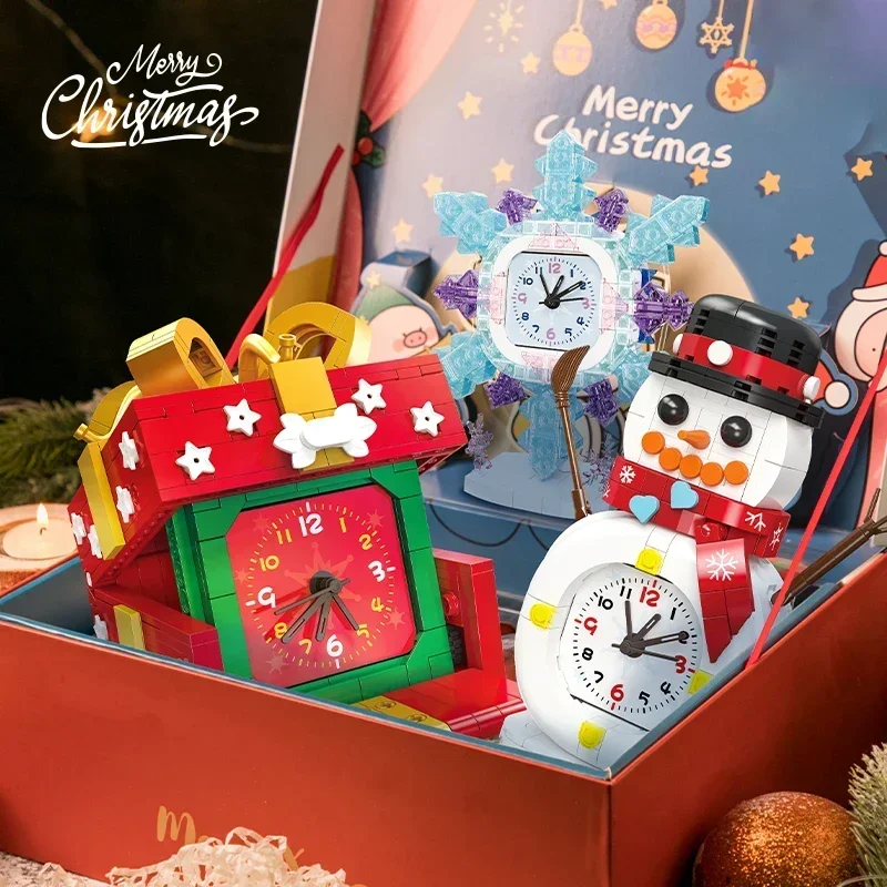 Schneemann Ziegel Modell Puppe Schneeflocke Geschenk Box Uhr Weihnachten Serie ABS Baustein Set Festival Dekoration DIY Kinder Spielzeug
