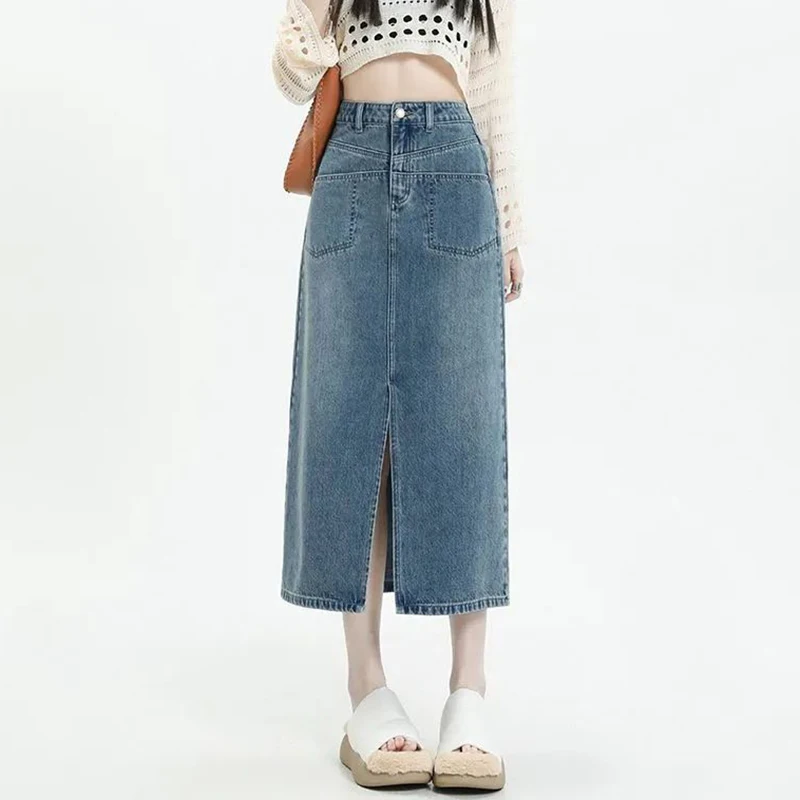 

Summer New Fashion Women Blue High Waist Skirt Lady Slim Fit Thin Slit Jeans Skirts Girls Korean Leisure Denim Dress