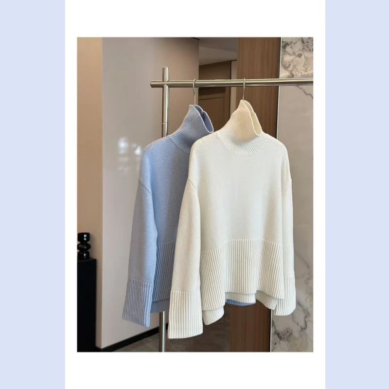 24-jarige TT herfst- en winterzoom split hoge hals kasjmier dames losse lange mouwen voorkant korte achterkant lange gebreide trui