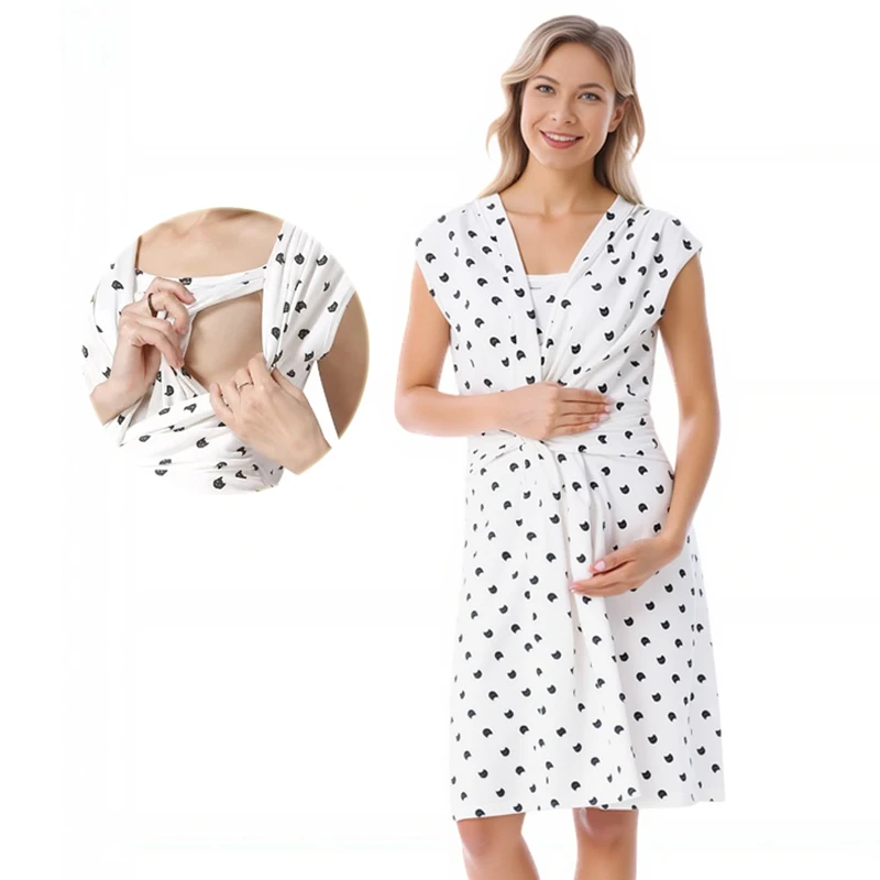 فستان للرضاعة الطبيعية فساتين فستان حمل طباعة ألف خط بلا أكمام فساتين بطول الركبة للنساء الحوامل الصيف #1