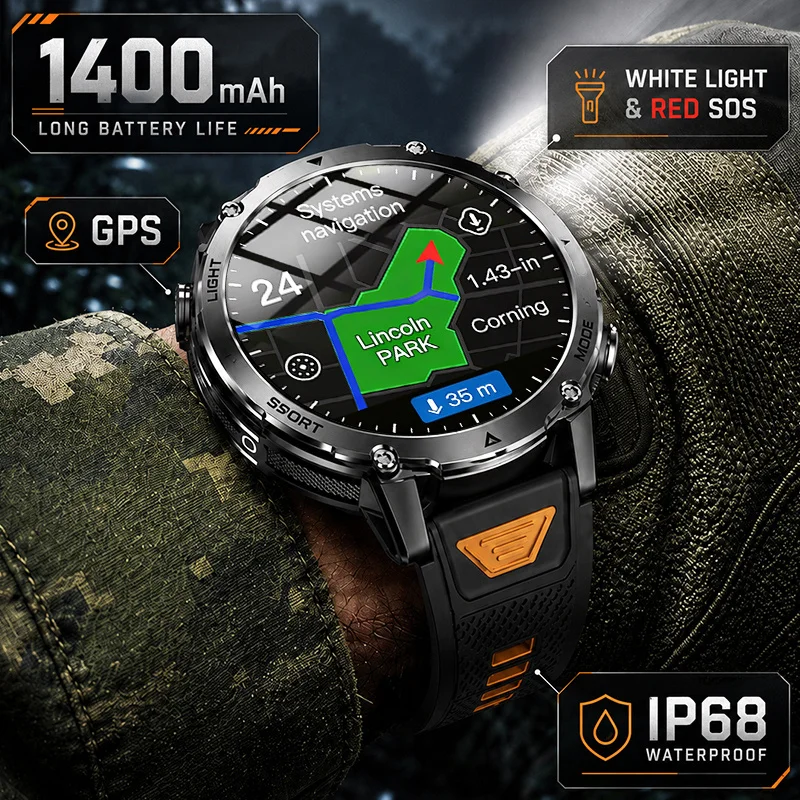 2026 Eingebautes GPS Sichere Taktische Smartwatch 1400mAh Lange Akkulaufzeit Nacht Outdoor 1,7" IP68 Wasserdicht Weiß Rot SOS Smartwatch für Herren