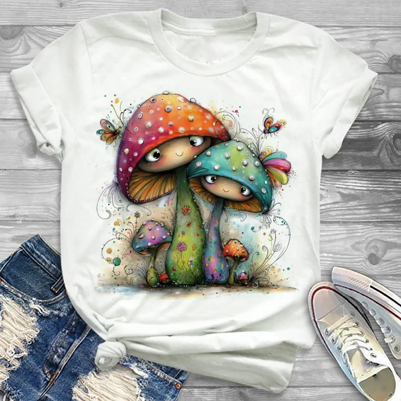 만화 귀여운 큰 눈 버섯 패턴 프린트 티셔츠 탑 레트로 의류 귀여운 스타일 캐주얼 여성 프린트 반팔 티셔츠