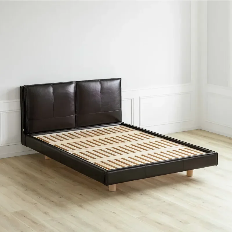 

Beech solid wood row skeleton, light luxury suspension bed, black first-layer cowhide bed, retro French bed