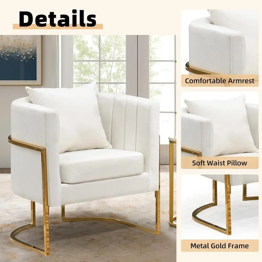 Pair of White Velvet Club Chairs with Gold Legs for Living Room or Bedroom