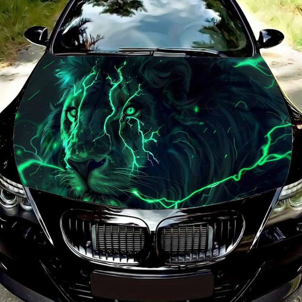 

Fierce Green Lightning Lion Car Engine Hood Vinyl Wraps Sticker, Auto Exterior Protection, Waterproof Self-adhesive Vehicle Deca