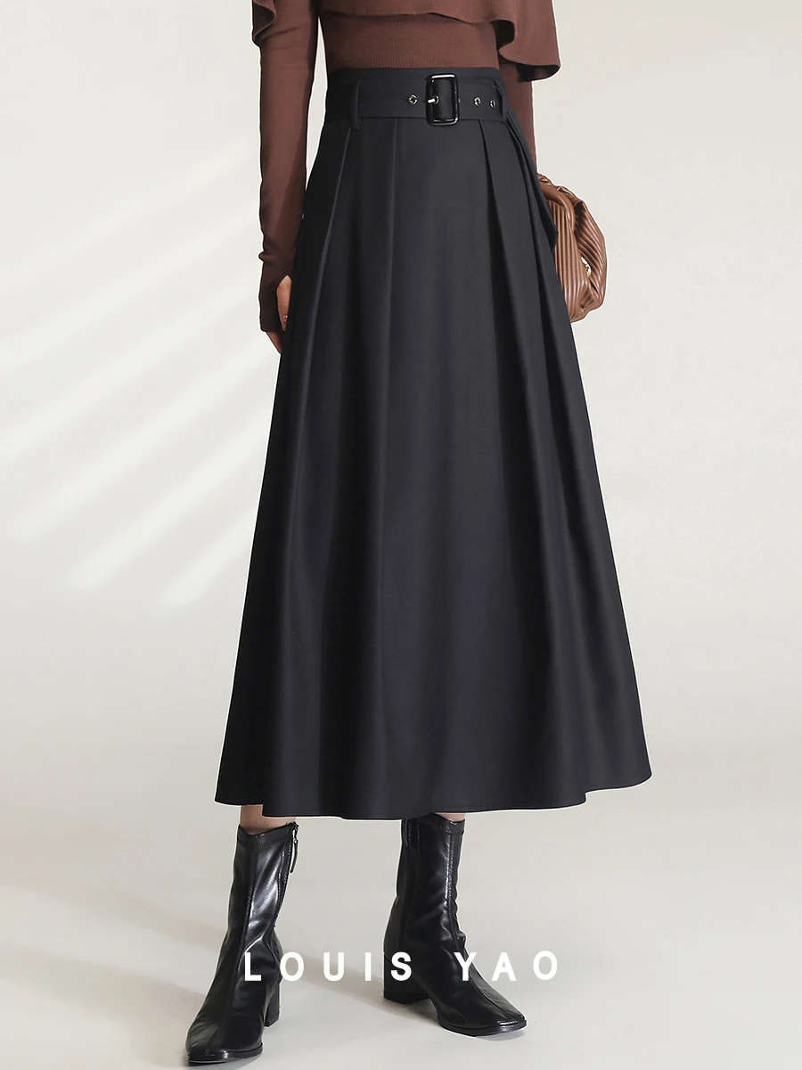 

LOUIS YAO Women Dress Skirt 2023 Autumn High Waisted Pleated Long Skirt with Removable Waistband A Line Women's Long Dress