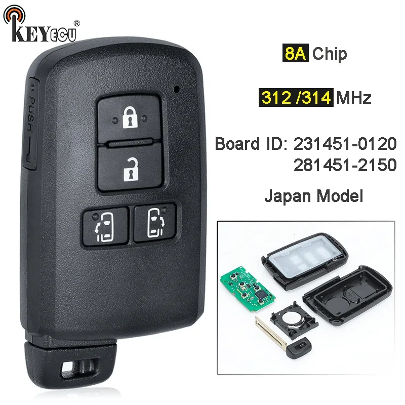 KEYECU 312MHz / 314MHz 8A Chip 231451-0120 281451-2150 Board Japan Model Smart Remote Car Key Fob 4 Button for Toyota Alphard