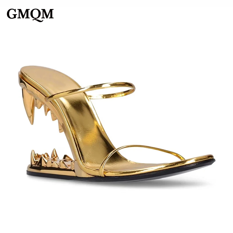 GMQM Brand 2024 Newest Women\'s Party High Heels Open-Toe Sexy Gold Sandals Profiled Trendy Pumps Hollowed-Out Teeth Tiger Heel