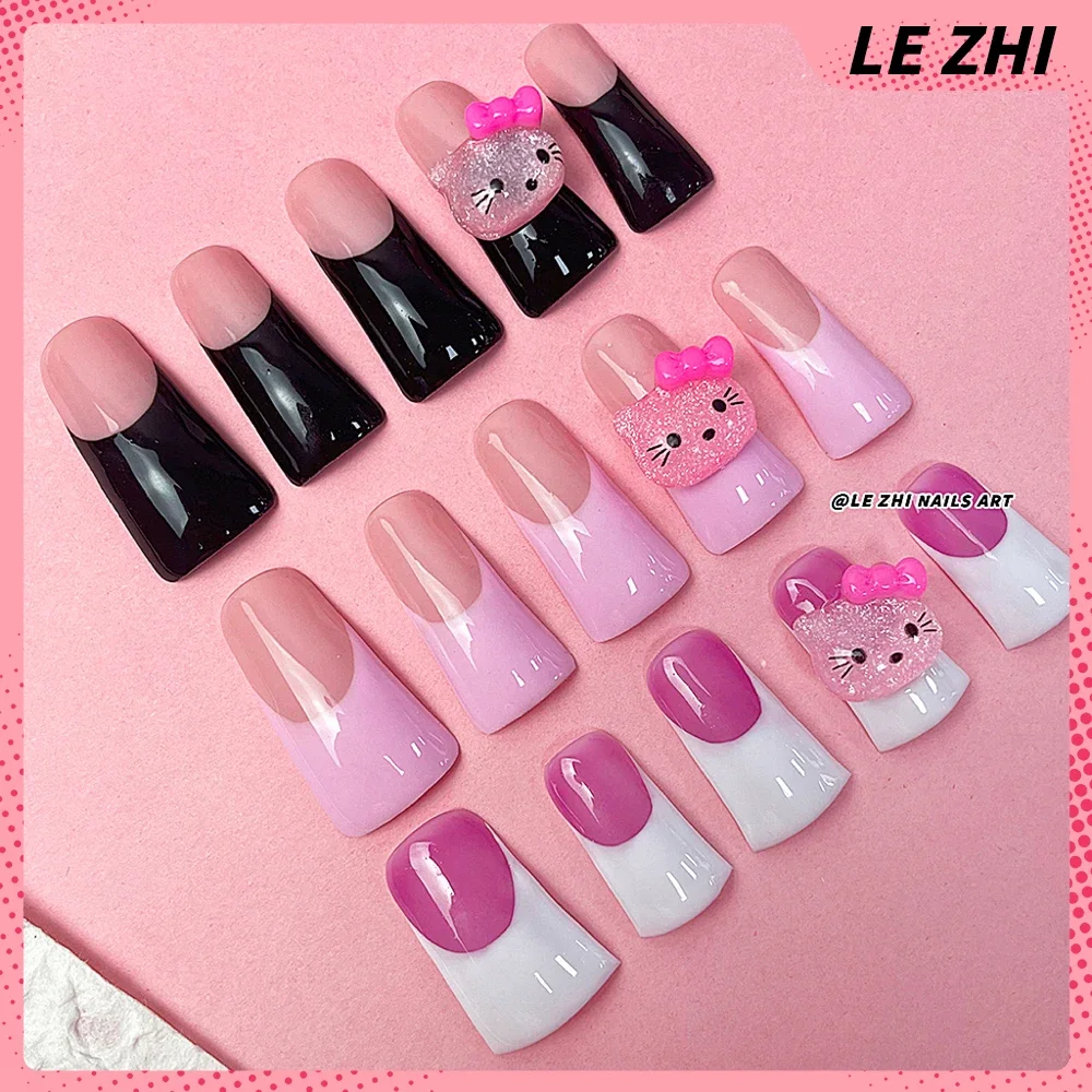 

French Duck Web Hello Kitty Press On Nails Pink White Handmade Full Cover Nail Art Ballerina Customizable Nail Party Stickers