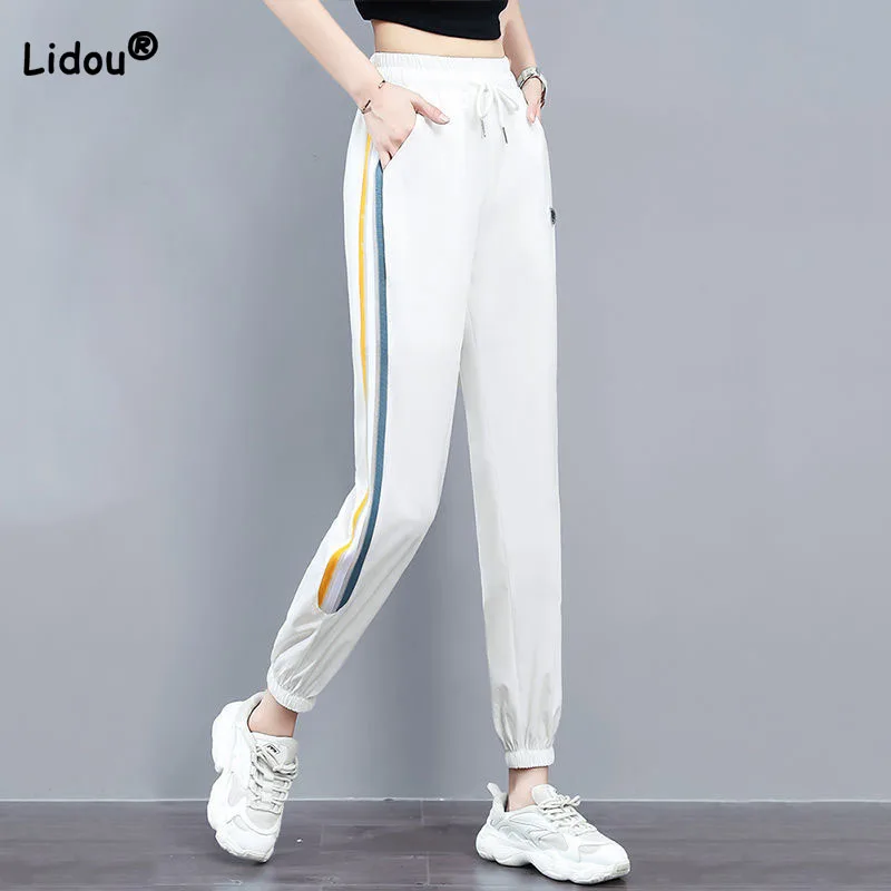 Casual Fashion Solid Color Elastic High Waist Sweatpants Women's Clothing Summer Loose All-match Striped Spliced Cropped Pants