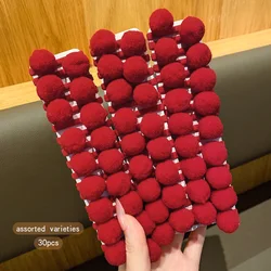 30 red furry ball hair rings with sweet and stylish leather bands suitable for daily use as hair accessories