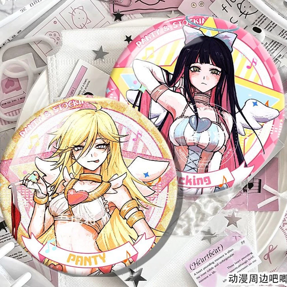 Anime Panty Stocking with Garterbelt Badges Cartoon Figure Round Brooch Pins Clothes Backpack Cosplay Accessories Xmas Gifts