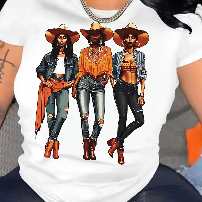 Cowgirl Print T-shirt wycięcie pod szyją Top na co dzień na lato odzież damska koszulka harajuku dziewczyna streetwear odzież