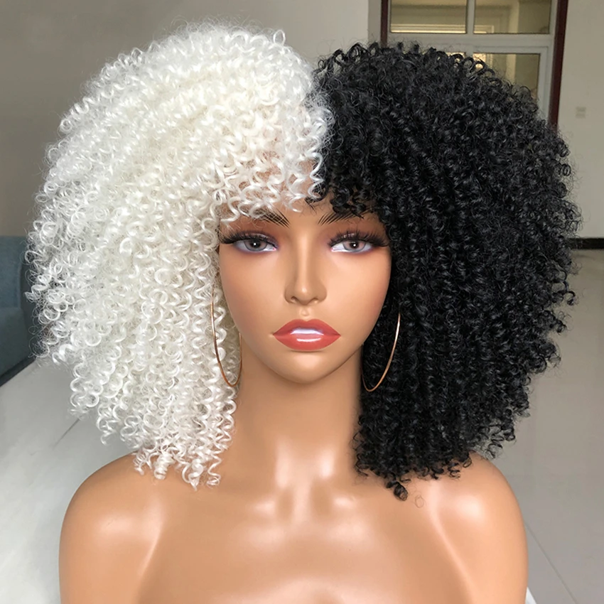 

14" Afro KInky Curly Wigs for Black Women Black Afro Bomb Curly Wig with Bangs Synthetic Fiber Glueless Short Kinky Curly Hair