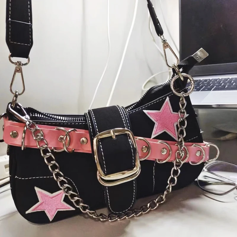 

Rock Y2K Bags For Women Luxury Designer Handbags And Purses 2023 New In PU Embroidery Pentagram Belt Decorations Shoulder Bag