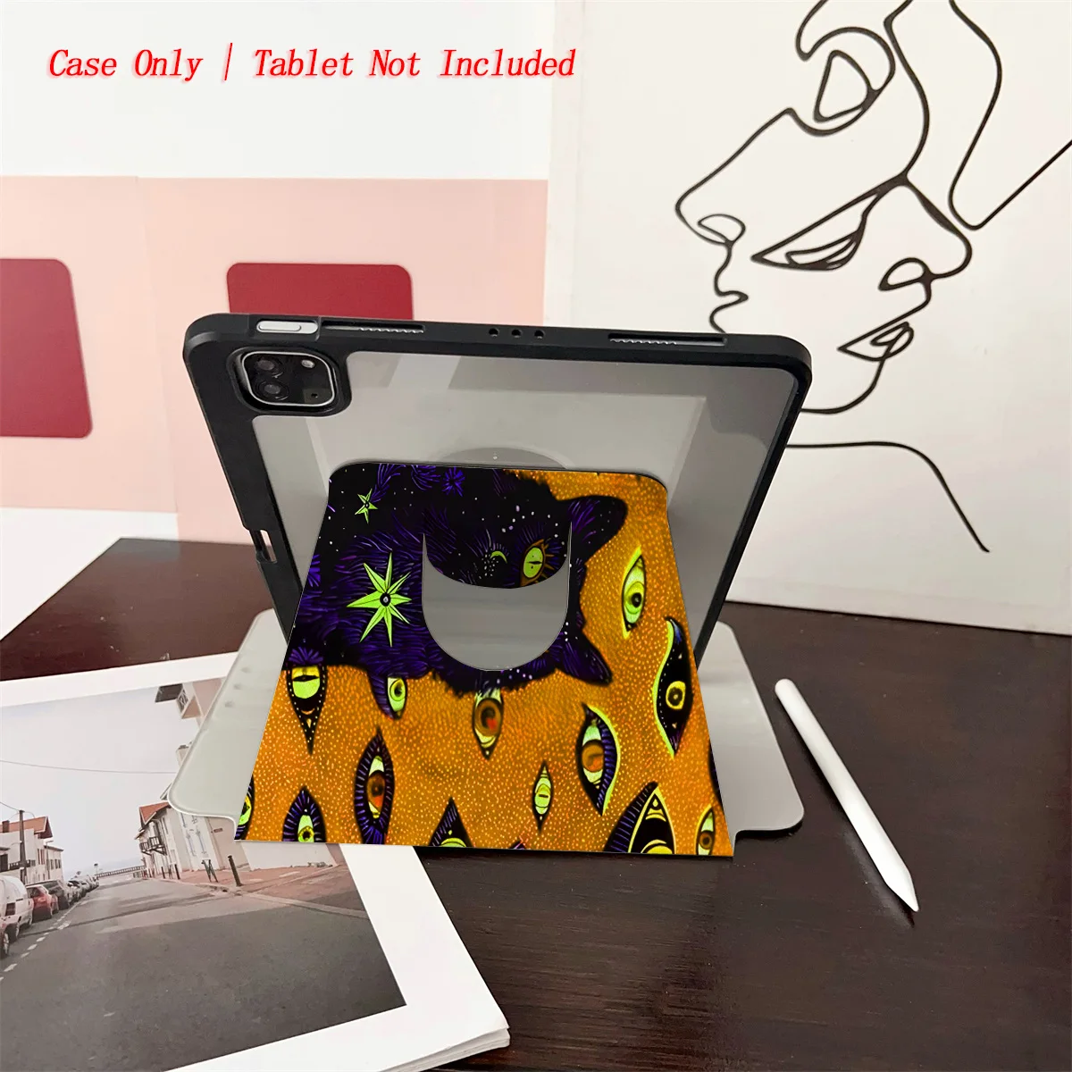حافظة iPad بنمط عيون مخيفة باللون البرتقالي والخيف باللون الأسود - 360 درجة ° واقي قابل للدوران وقابل للطي لأجهزة Apple اللوحية #5
