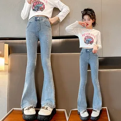 New Spring Autumn Teens Girl Clothes Denim Jeans Fashion Graffiti Harajuku Tight flared Pant Child High Elastic Waist 4-15 years