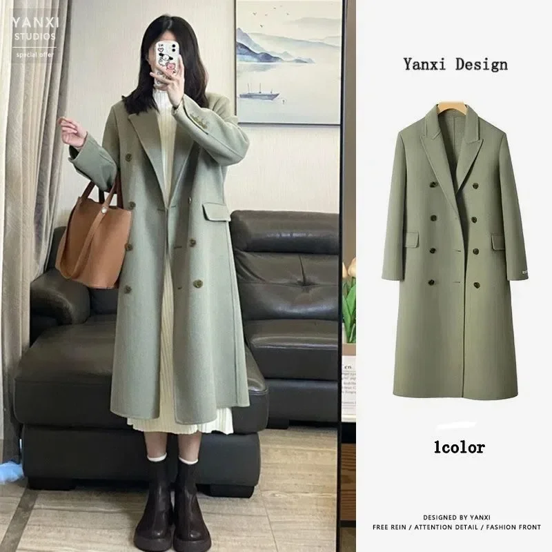 Nuova vendita calda della stagione Cappotto di lana verde tè da donna Cappotto autunno inverno francese stile Hepburn allentato Sistema coreano di piccole dimensioni