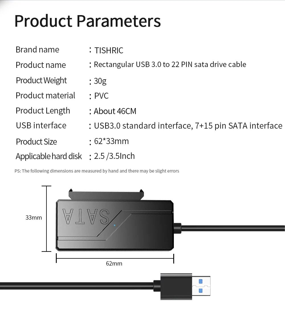 TISHRIC USB-SATA-Kabel, USB 3.0 auf 22-poliger SATA-Adapter, unterstützt 3,5 2,5 Zoll externe HDD SSD-Festplatte, externer Festplattenleser – Detail 2
