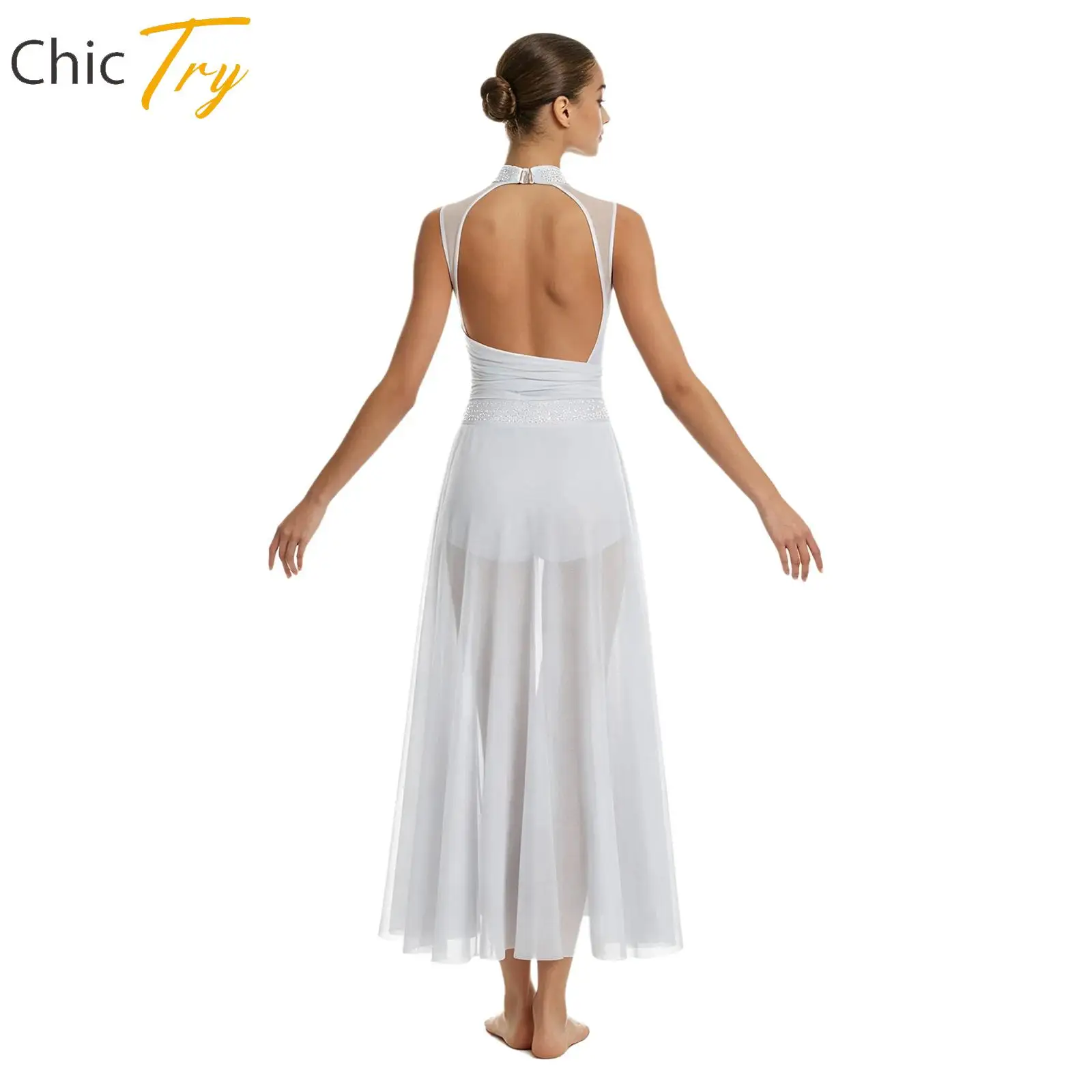 Lyrical Dance Costume for Women White Contemporary Dance Dress One Piece Shiny Rhinestone Asymmetric Flowy Ballet Dancewear