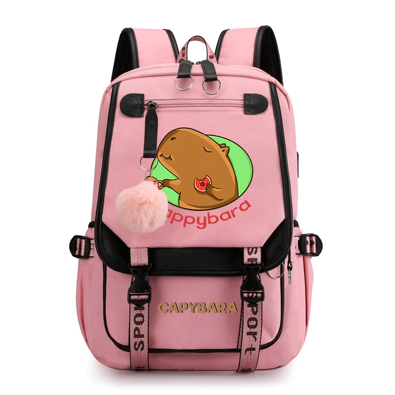 Mochila escolar con estampado de Animal Capybara para niñas, bolsa de viaje USB, rosa, regalo para niños