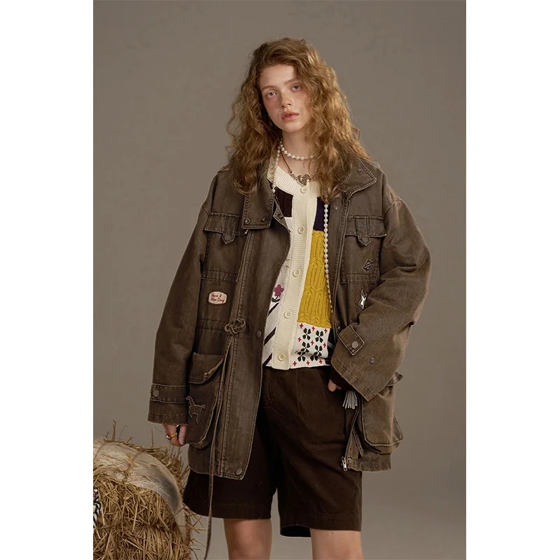 ELFSACK 2025 automne nouveautés Y2K décontracté rétro plusieurs poches veste en jean ample pour femme