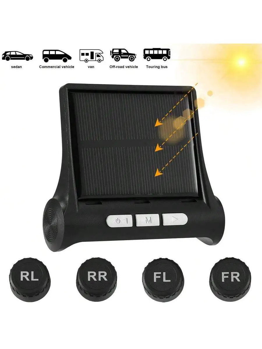 

Wireless Solar USB Tire Pressure Monitoring System With 4 External Sensors Real Time Alerts For Sedan SUV MPV Pickup ORV