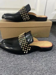 High Quality Genuine Leather Men's Round Toe Slippers Rivet Decoration Comfortable Slip On Outside Black Slipper Sandals Mules