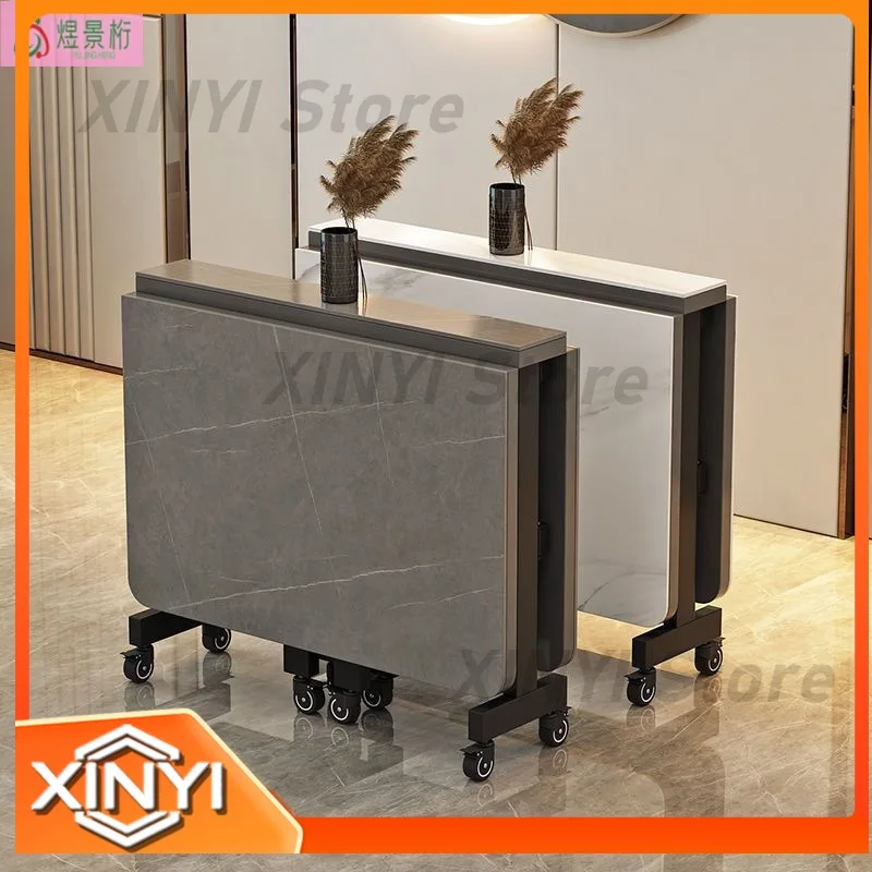 Ultra-Thin Foldable Dining Table for Home Use Portable Extendable Marble Top Dining Table with Wheels for Small Spaces No