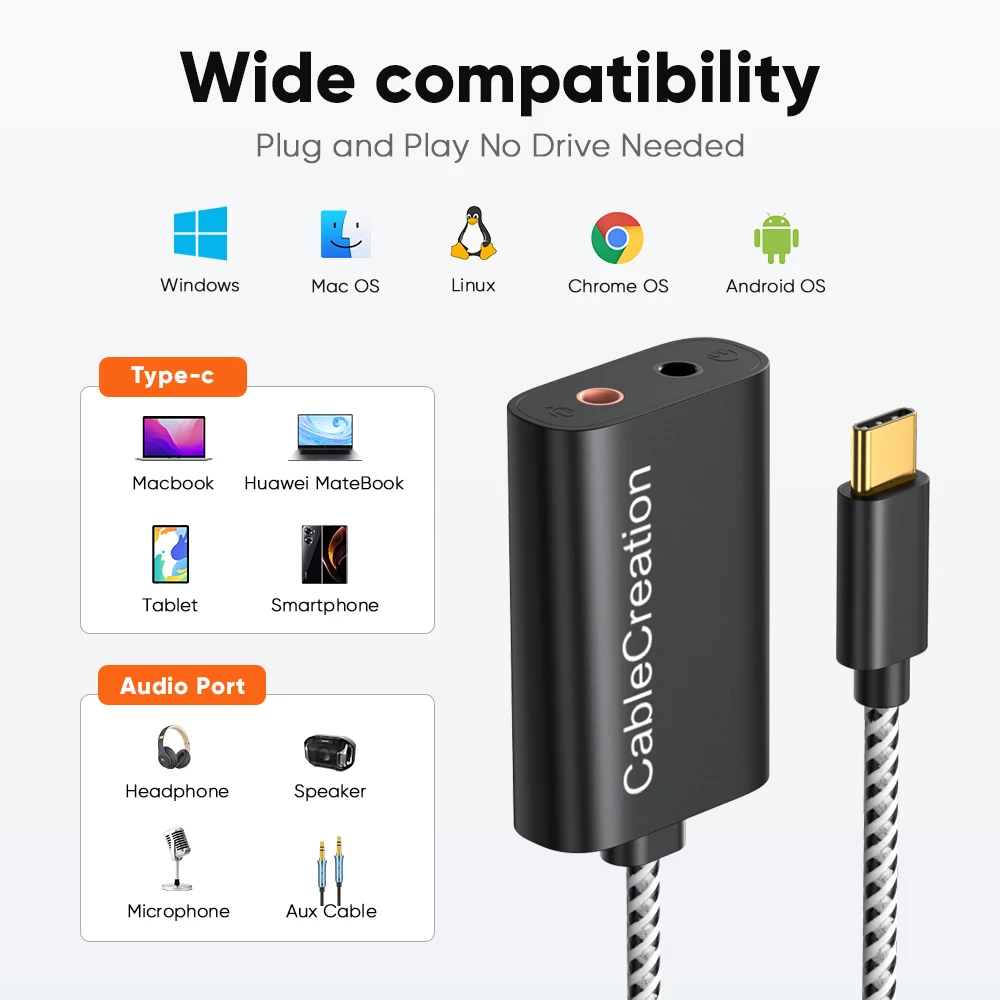 CableCreation USB Type C External Sound Card Type C to 3.5mm Audio Jack Stereo DAC 2 IN 1 USB C Microphone Adapter for Laptop