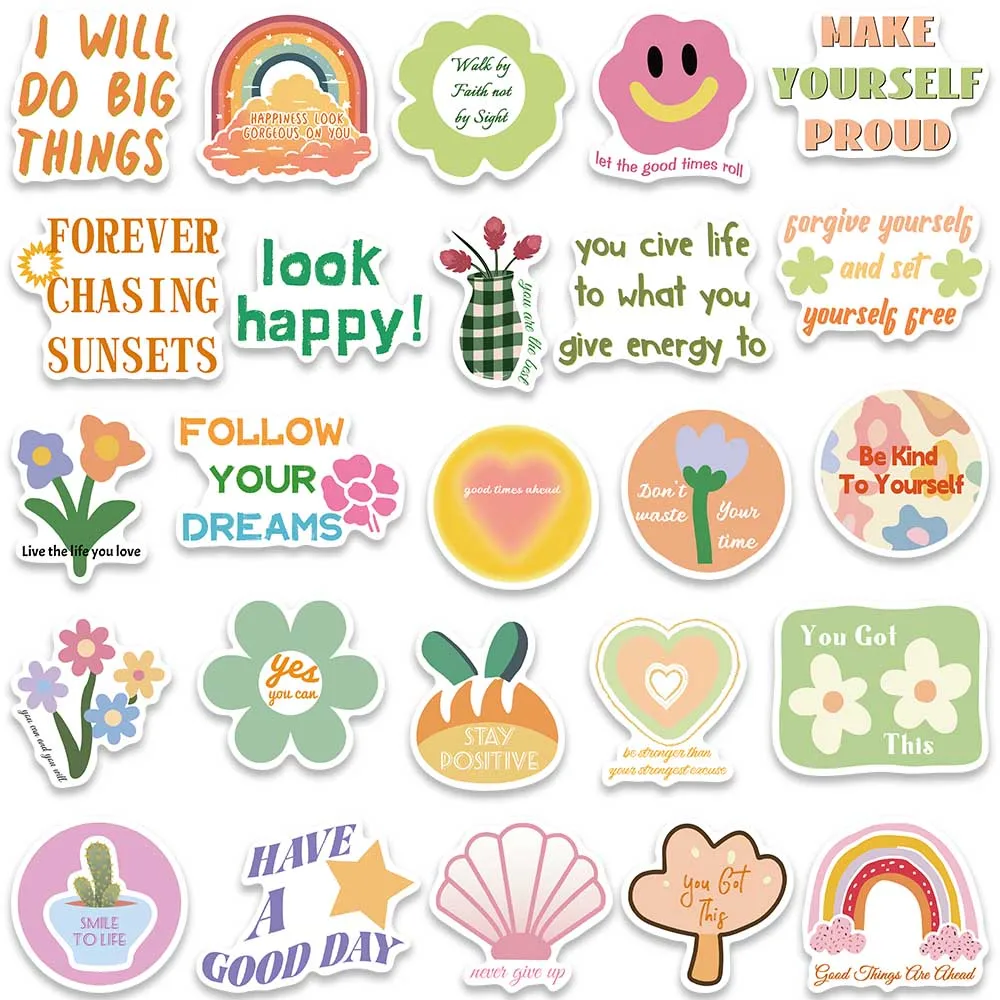 50pcs Cute Cartoon Fresh Danish Pastel Motivational Phrases Stickers Vinyl Laptop Decals Guitar Luggage Phone Diary Graffiti