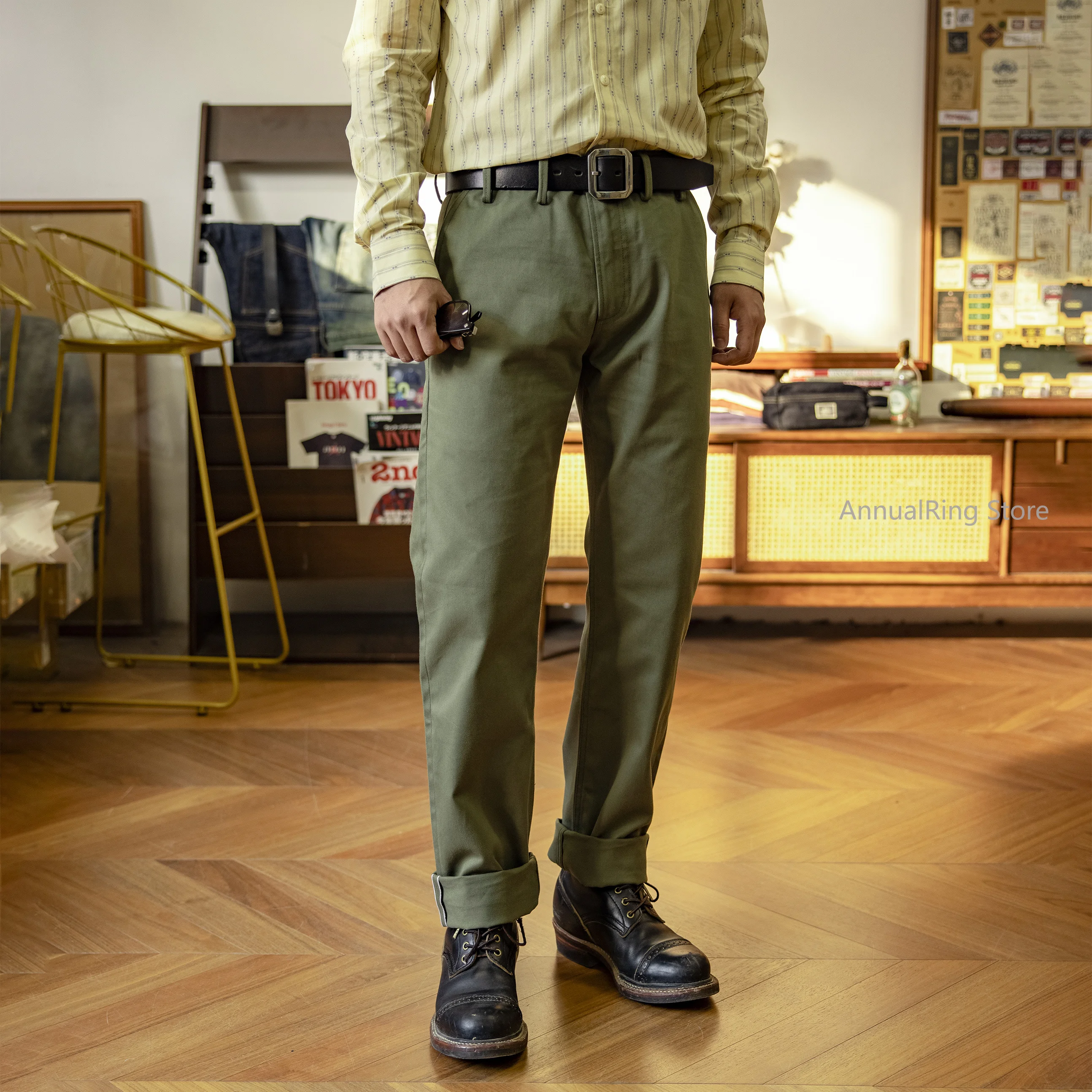 الأحمر تورنادو الأمريكية الرجعية وزرة Selvedge السراويل البضائع غير رسمية الرجال سليم مستقيم الجيش الأخضر تشينو بنطلون