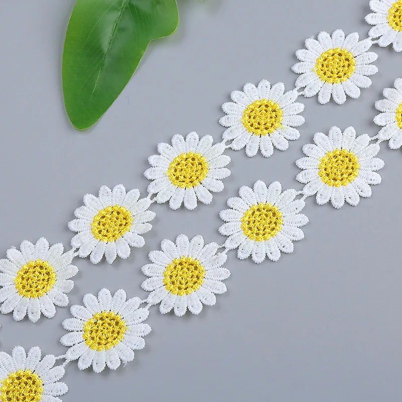 

3.5cm daisy flower embroidery lace trim. yellow blossom and white petal lace trim. XERY220921A