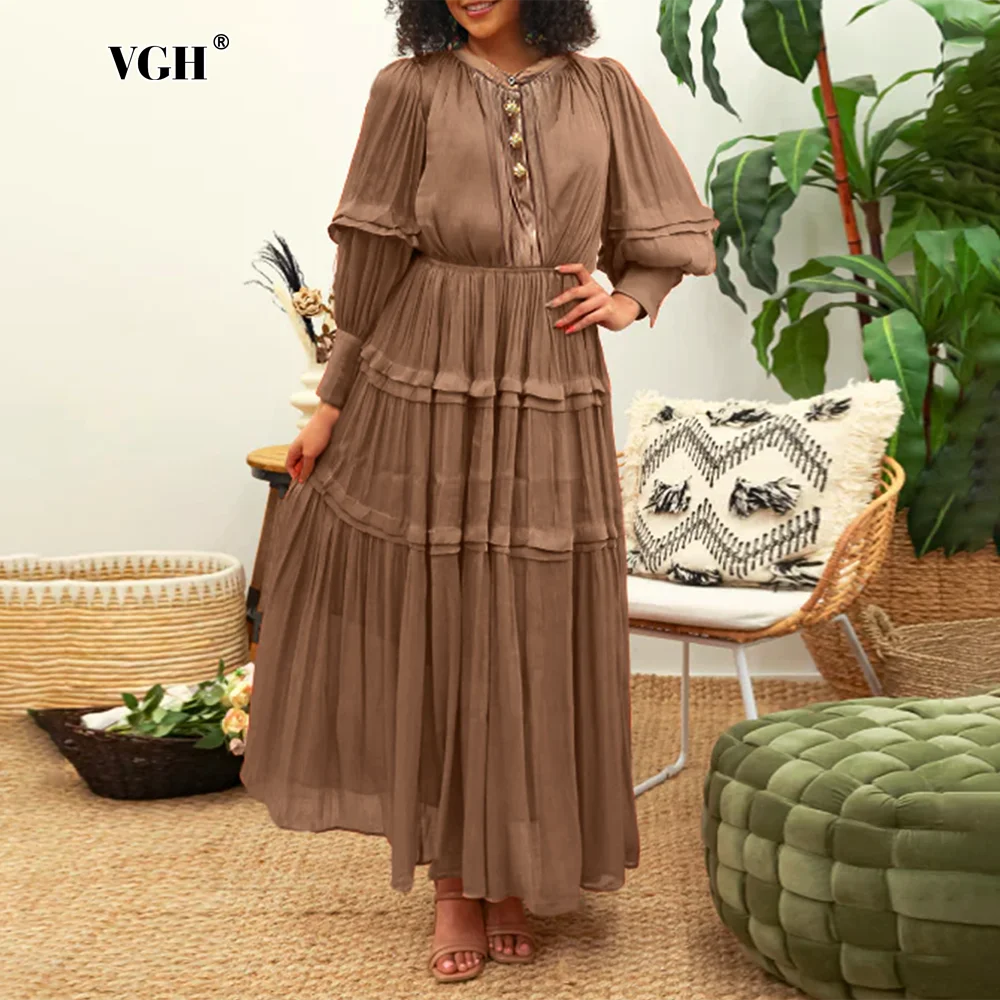 

VGH Solid Spliced Button Elegant Dresses for Women Round Neck Long Sleeves Patchwork Folds Plus Size Dress Female Clothing New