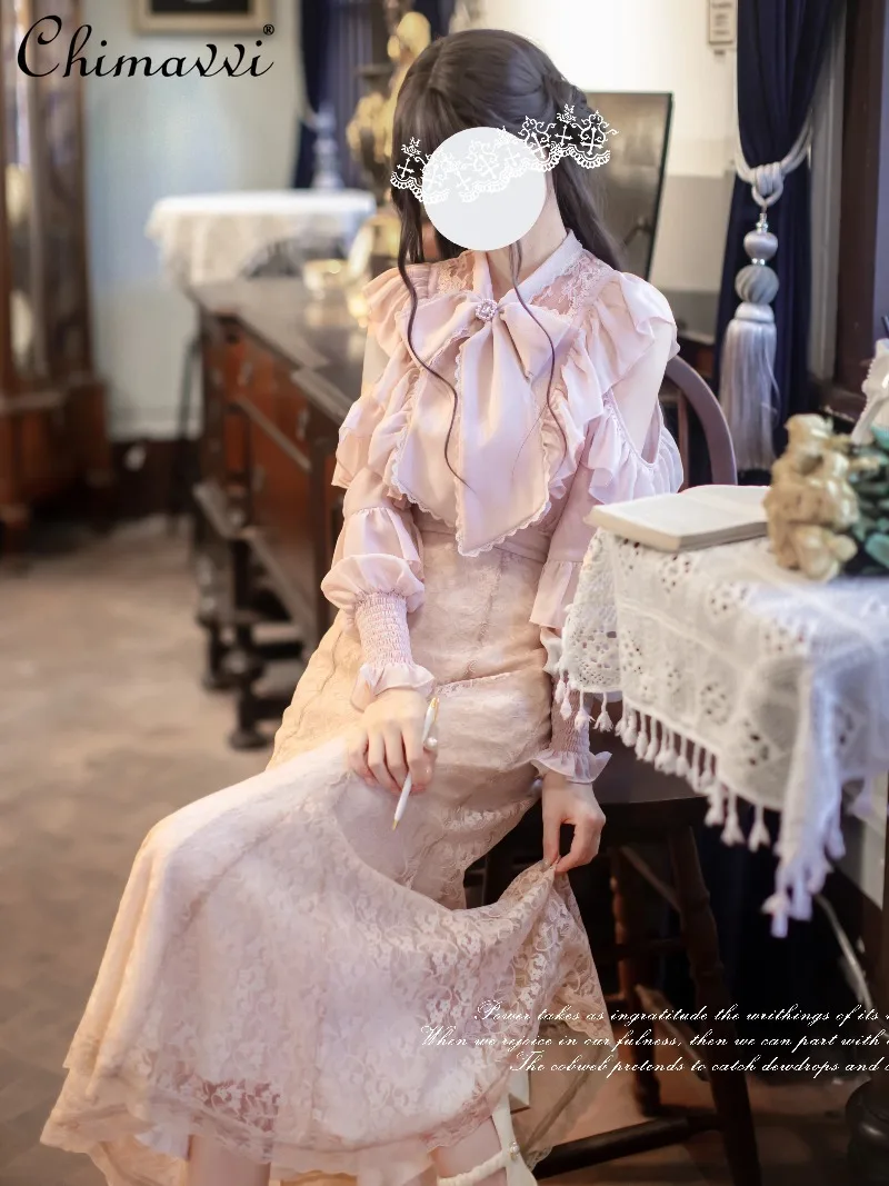 

Original Elegant Lolita Dress Set Spring and Autumn New Japanese Sweet Chiffon Big Bow Shirt Pink Skirt Women's Two-Piece Set