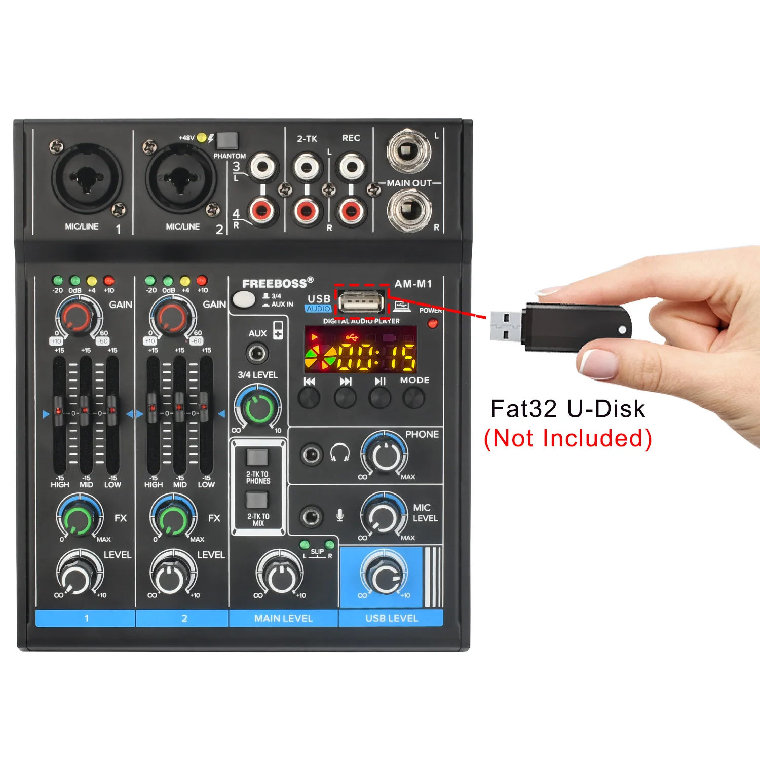 FREEBOSS 4 Channel Mixing Console 48V 5.0 Bluetooth RCA 3.5 Input Sound Audio Mixer USB PC Record Play for Wedding Party AM-M1