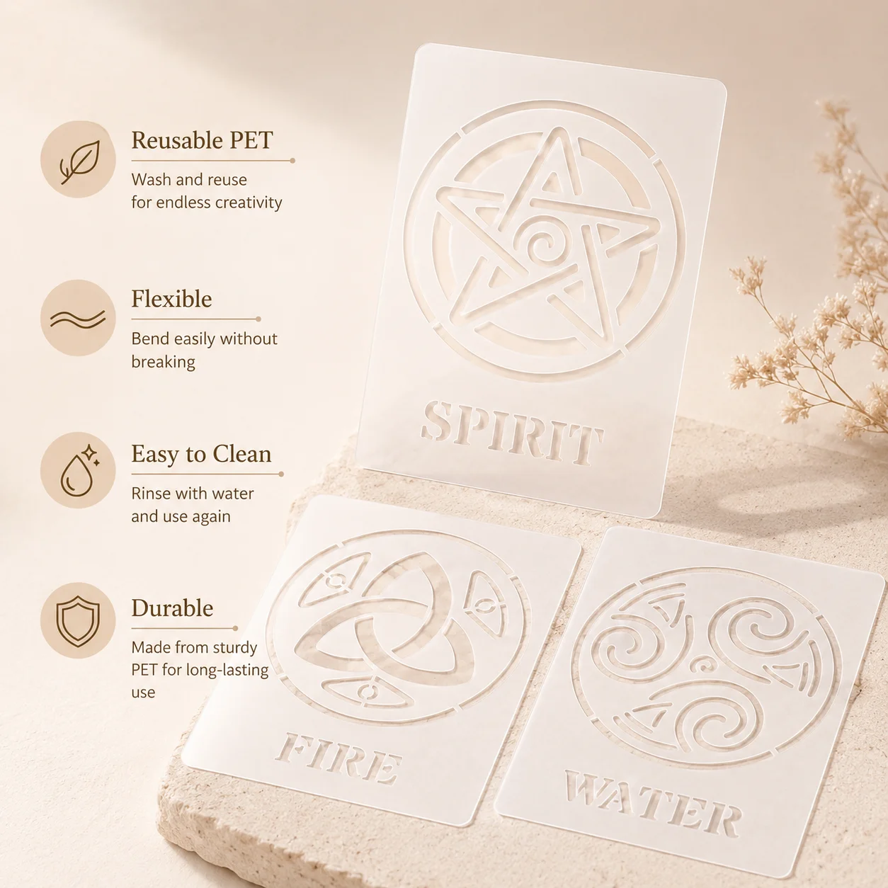 5Pcs A5 5.8x8.2in Five Elements Stencils Reusable PET Stencils for Painting Spirit Fire Water Earth Air Wall Wood Fabric Decor view 4