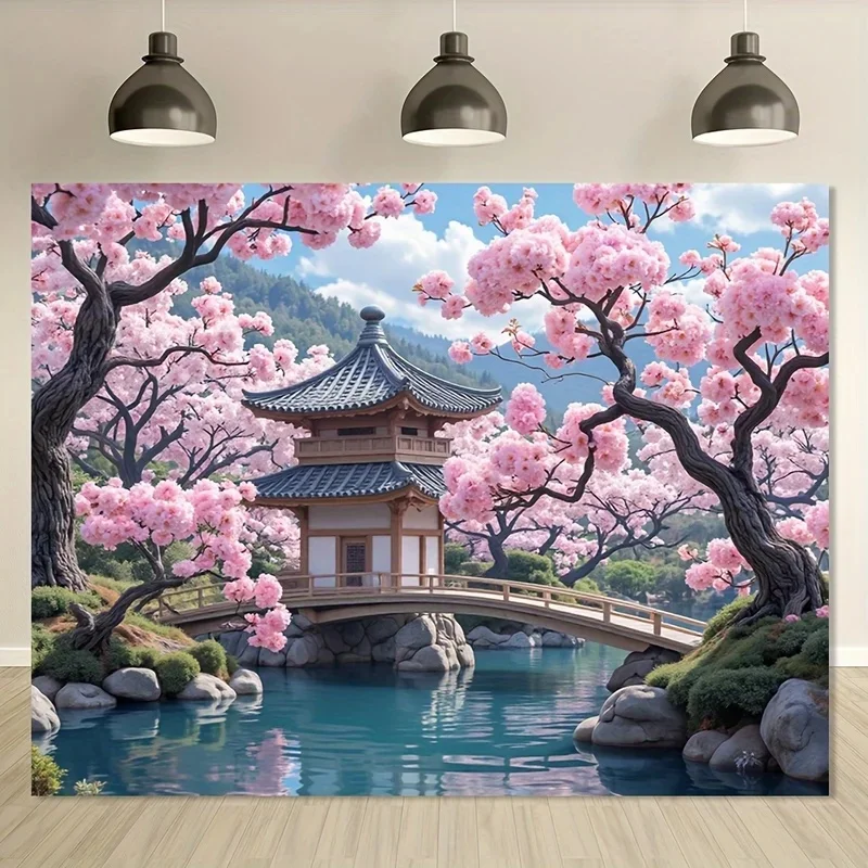 VIKAMA Cherry Blossom Garden Tapestry Asian Pavilion Bridge Lake Mountain Scenery Wall Hanging for Bedroom Home Decor