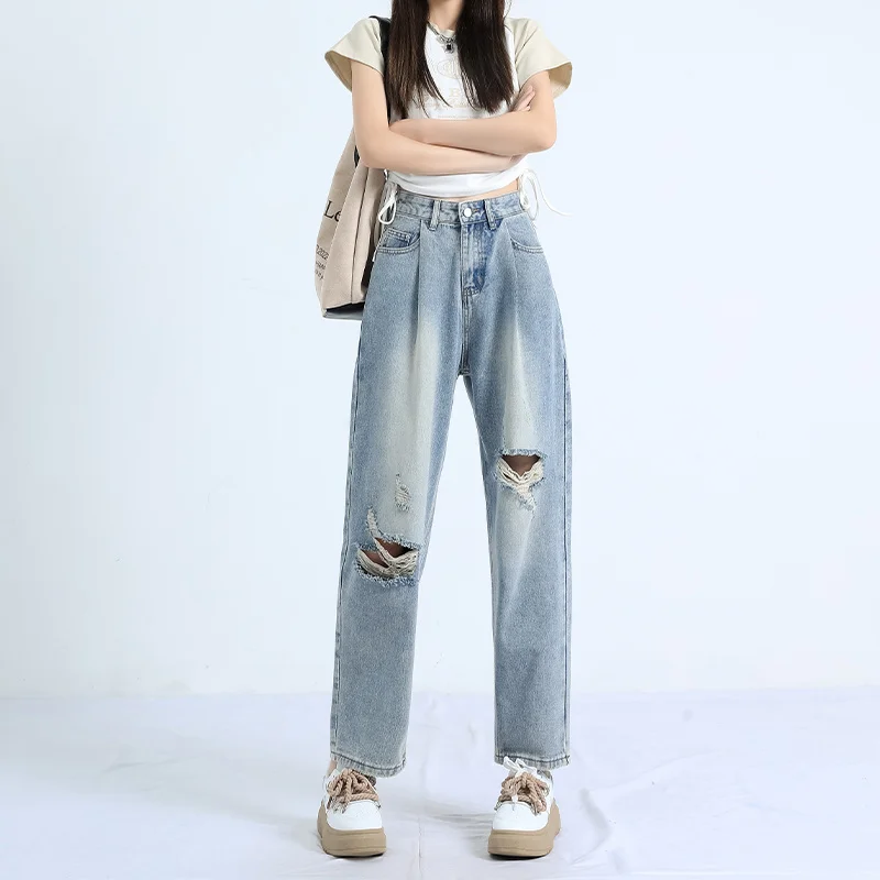 Hole Harlan Jeans Straight Jeans Loose Fitting, High Waisted Demin Trousers Skinny Wide Leg Pants