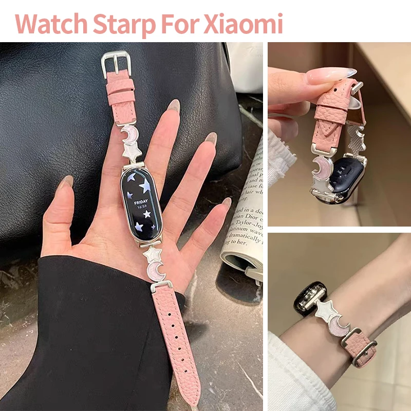Cute Metal Star Moon Strap for Xiaomi Mi Band 10 9 8 7 6 Soft Leather Replacement Wristband for Redmi Watch 4 5 6 Women Bracelet